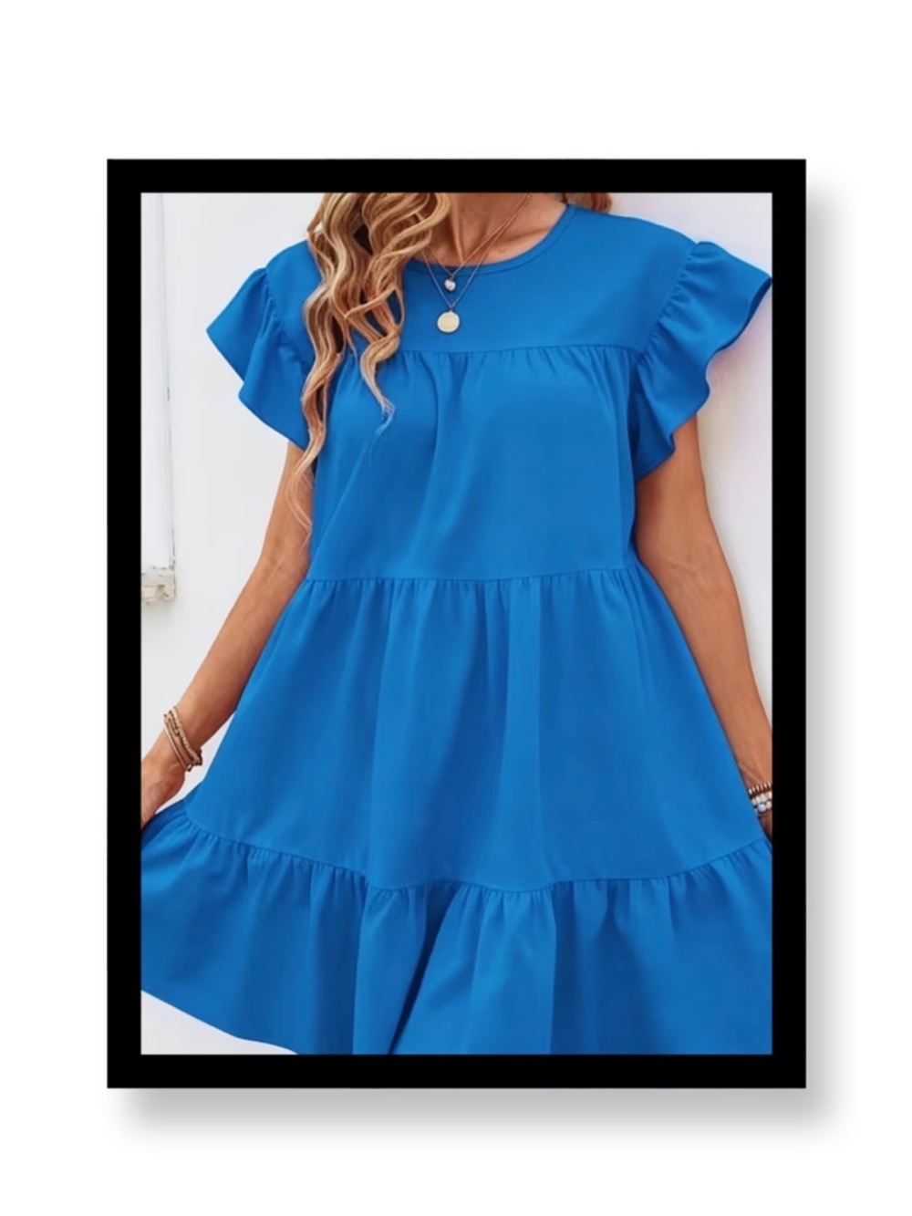 New Women’s Blue Ruffle Sleeve Tiered Women's Dress